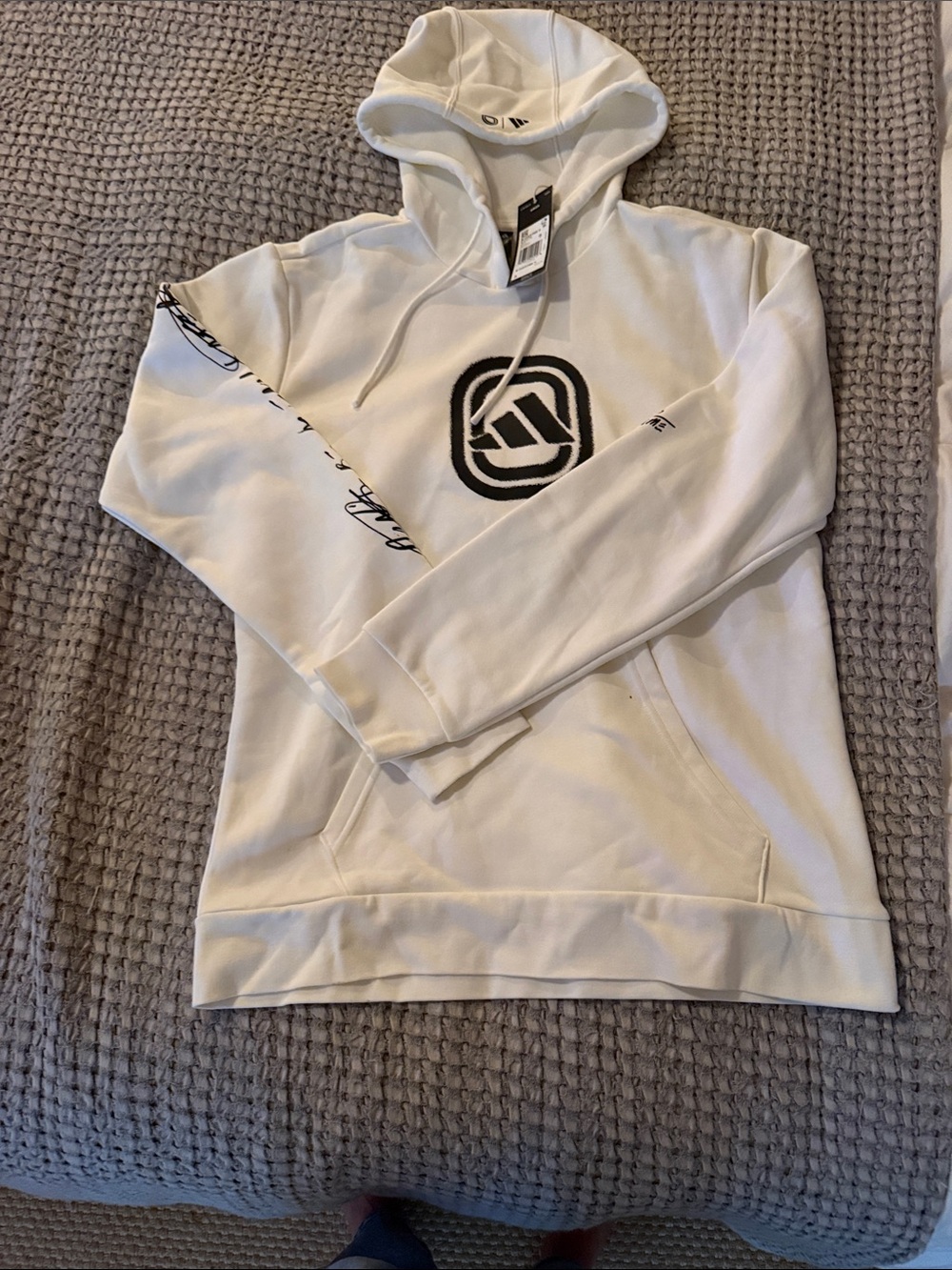 White Pullover Hoodie with Black Logo and Script Sleeve DON’T BE A FAN